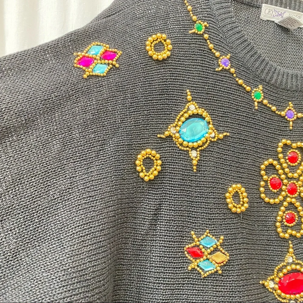 Vintage Glam Black Gold Metallic Beads & Jewels Embellished Beaded Sweater M - Picture 4 of 7
